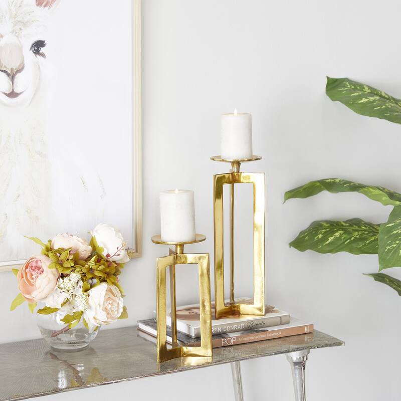 Aluminum Metal Geometric Pillar Decorative Candle Holder - Set of 2 Silver or Gold - CosmoLiving by Cosmopolitan