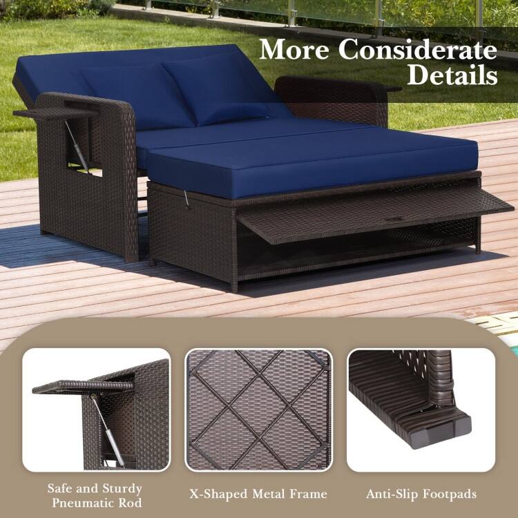 Patio Rattan Daybed with 4-Level Adjustable Backrest and Retractable Side Tray - 31" x 67" x 36"