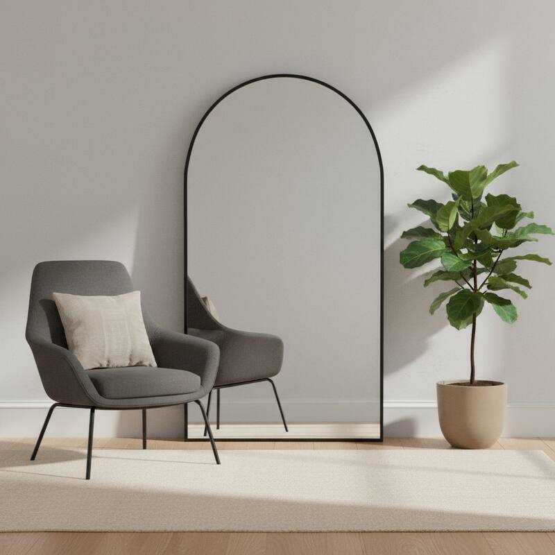HomeRoots 71" Black Metal Arch Freestanding Framed Full Length Mirror - 38.00 in. x 71.00 in. x 0.59 in. - 38.00 in. x 71.00 in.  x 0.59 in.