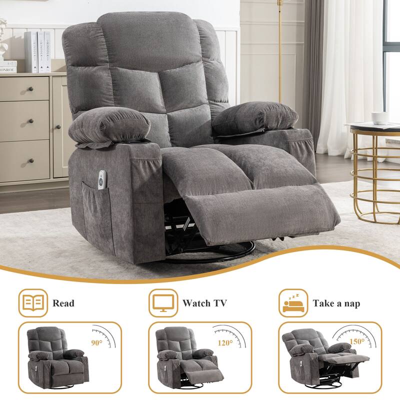 Swivel Massage Recliner Chair with Lumbar Heating, Oversized Lounge Sofa with Cup Holders, USB Port & 2 Side Pockets