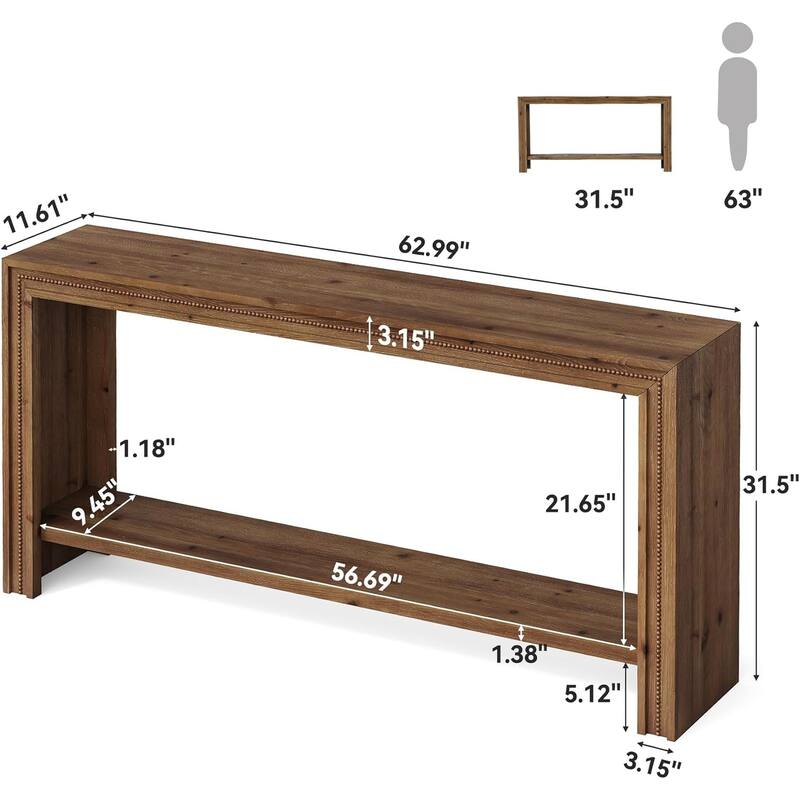 63" Solid Wood Console Table, Farmhouse Narrow Long Entryway Table with Shelf - 63" W × 11.6" D × 31.5" H