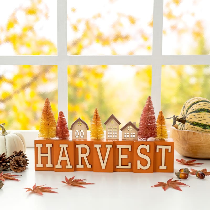 Glitzhome 14"L Fall Harvest Wooden House & Brush Trees Table Decor