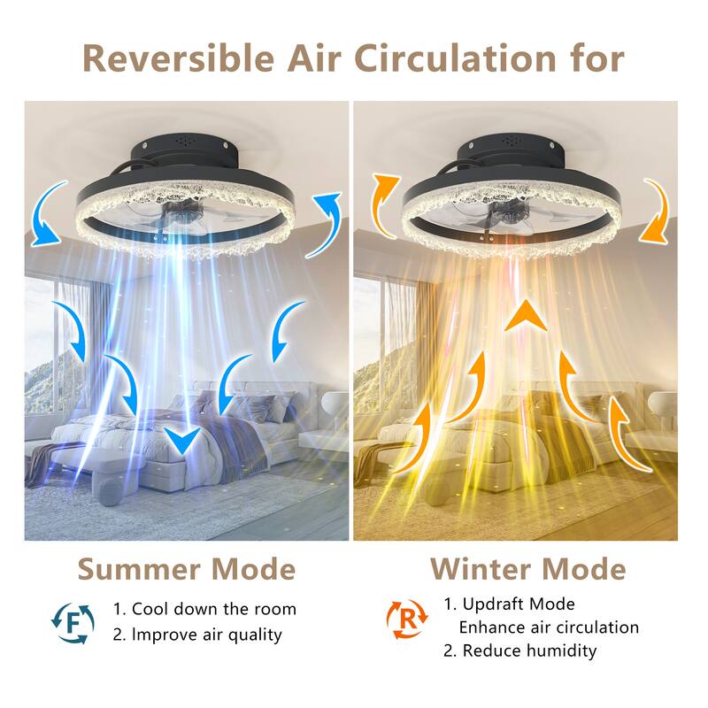 16" Decorative LED Ceiling Fan Light - Modern Flush Mount with Crystal-Inspired Acrylic Ring, Hidden Blades, Remote Control