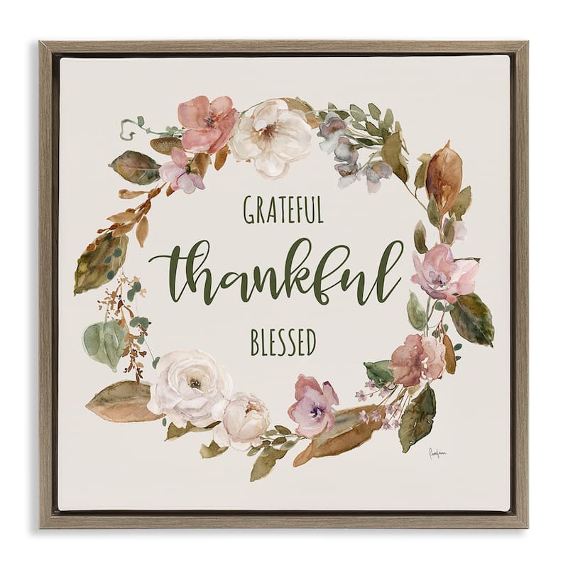 Stupell Elegant Gratitude Wreath Framed Floater Canvas Wall Art Design By Livi Finn - 18 x 18 - Brown