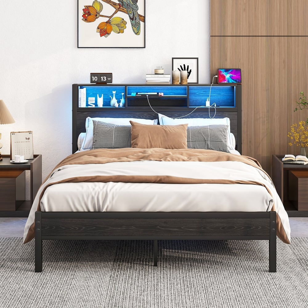 Metal Platform Bed Frame w/Wooden Headboard Footboard, LED Lights, Bookcase Storage, Charging Station, Easy Assembly, Noise-Free