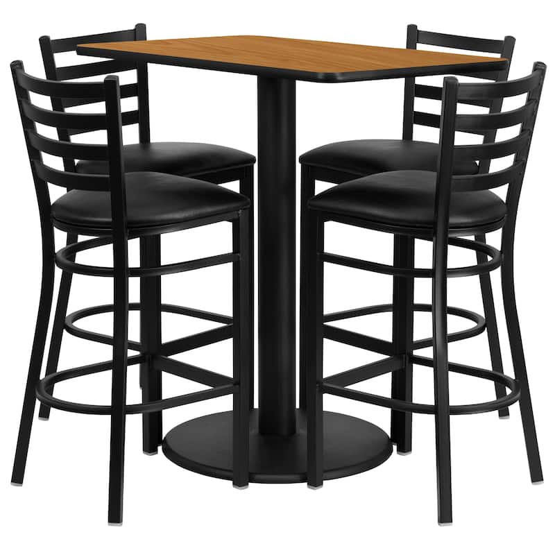 24'' x 42'' Rectangular Laminate Table Set with 4 Ladder Back Metal Barstools - natural top/black vinyl seat