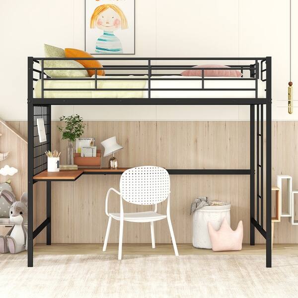 slide 2 of 10, Modern Style Loft Bed with Built-in Ladder, Desk and Grid, Space-saving, Full Size, Black Black