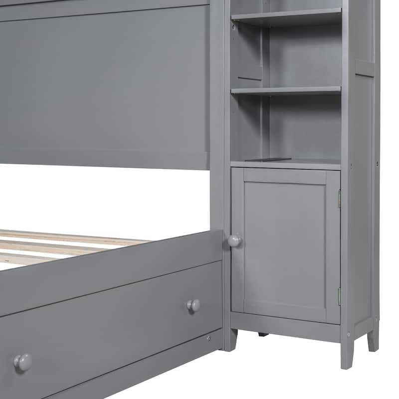 Grey Wooden Queen Platform Bed with Cabinet and Shelf