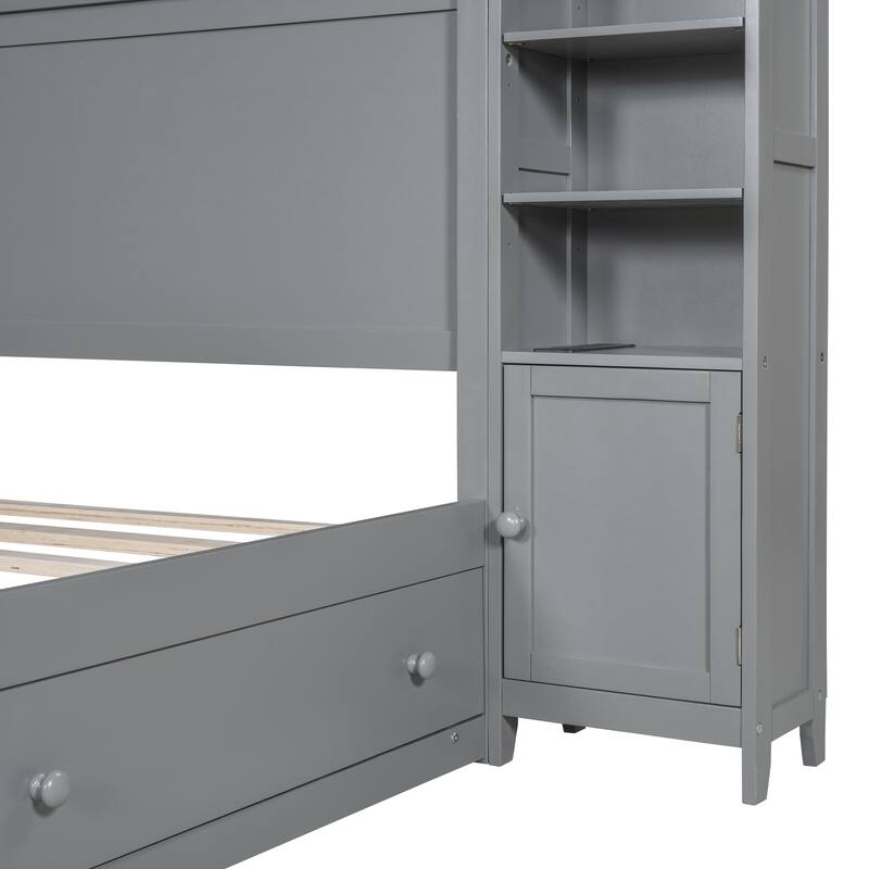 Queen Size Wooden Bed with Built-in Storage, Shelves, and Outlets in Gray
