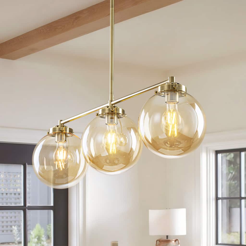 3-Light 33.46" Modern Gold & Antique Bronze Amber Glass Globe Linear Pendant - 33.46" W × 10.24" H × 7.87" D