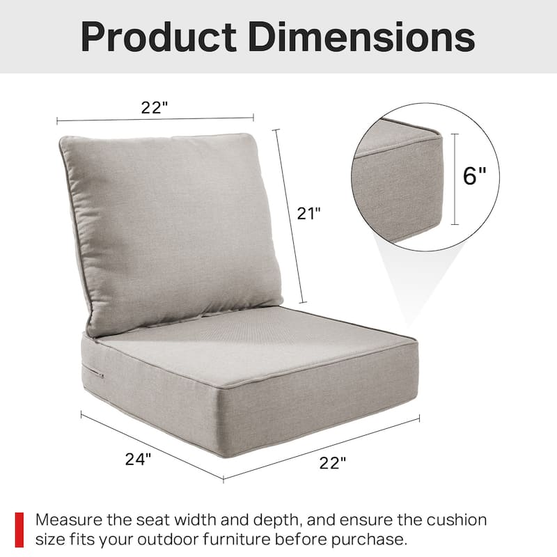22" W x 24" D x 6" T Water & Fade Resistant Outdoor Lounge Chair Replacement Cushion Set