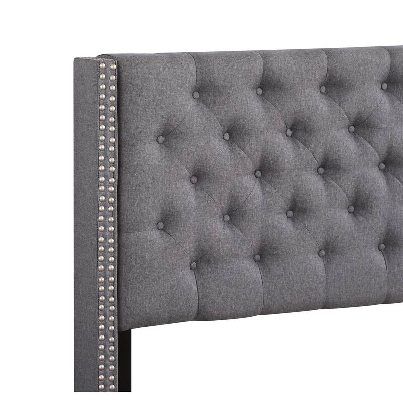 Tufted Upholstered Full Bed - Velvet Panel Bed with Nailhead Trim & Headboard