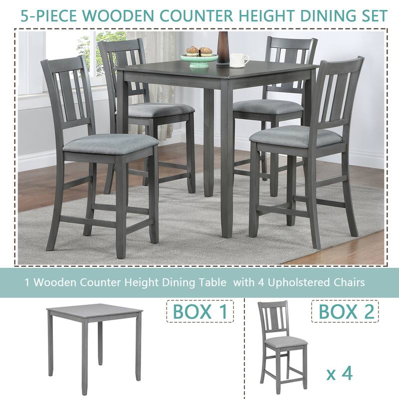 5 Piece Wooden Dining Kitchen Table Set with 4 Upholstered Chairs, Square Counter Height Dining Room Table for 4 People