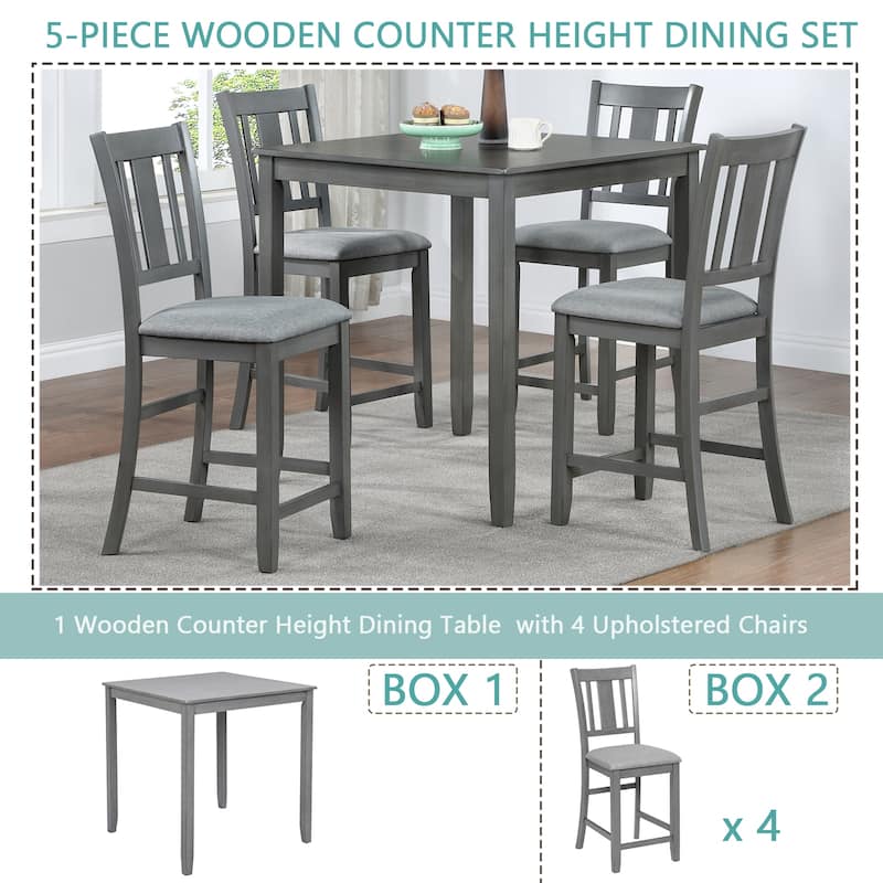 GDFStudio - Montara 5-Piece Farmhouse Wooden Square Counter Height Dining Table Set with 4 Upholstered Chairs