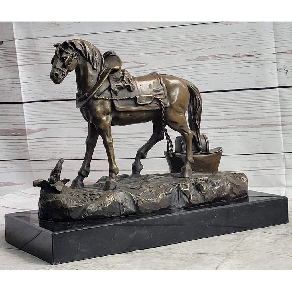 Working Draft Horse Bronze Sculpture Statue Figure Signed Art On Marble Base