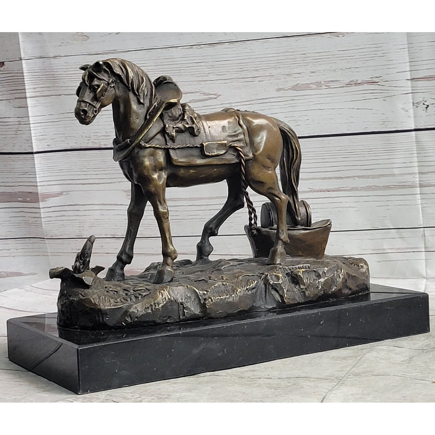 Working Draft Horse Bronze Sculpture Statue Figure Signed Art On Marble Base