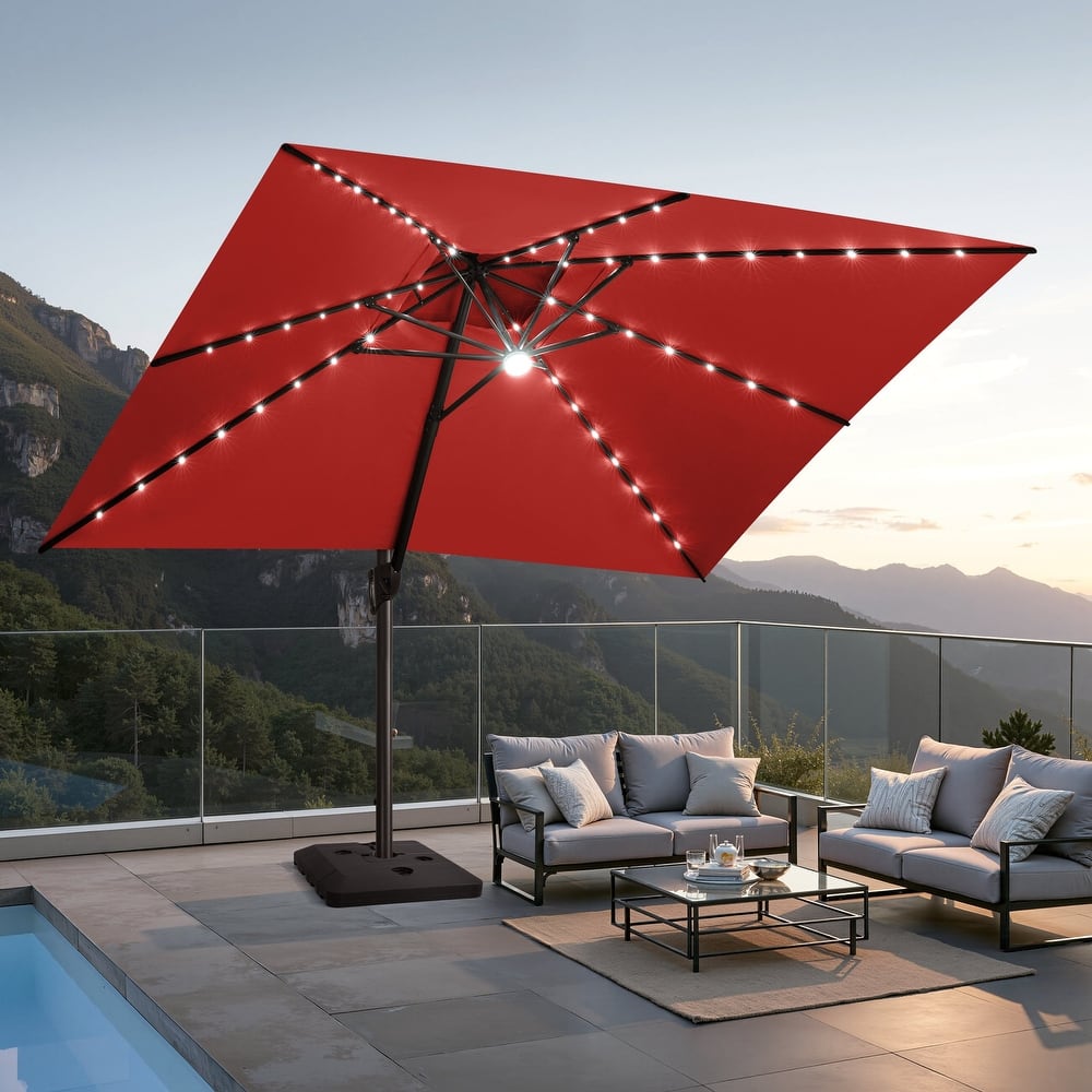 10 FT x 13 FT Outdoor Premium Solar LED Lighted Patio Cantilever Umbrella with Base