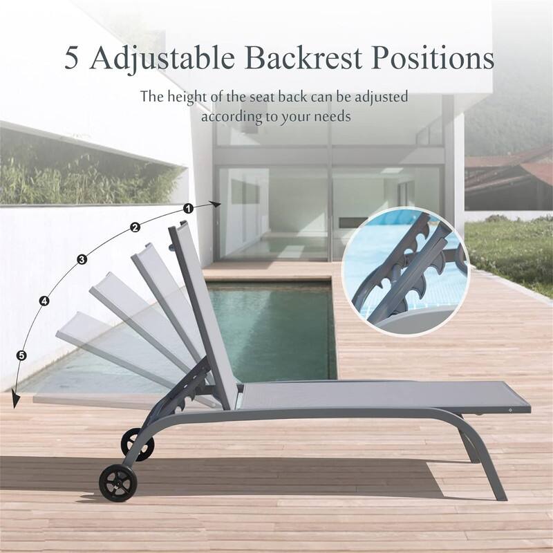 Outdoor Chaise Lounge Set (2 Piece),5 Position Adjustable Pool Chairs with Wheels for Patio, Backyard