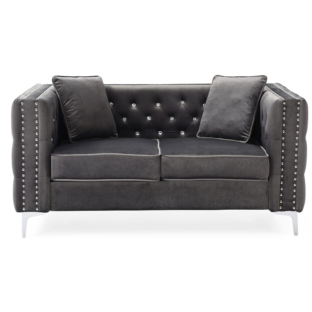 Tufted Nailhead Trim Velvet 2-Seater Sofa with Throw Pillows - 63" - Gray