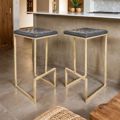 Quincy Set of 2 Modern Leather Barstool with Upholstered Square Seats in Gold Metal & Footrest for Home Bar & Kitchen Counter