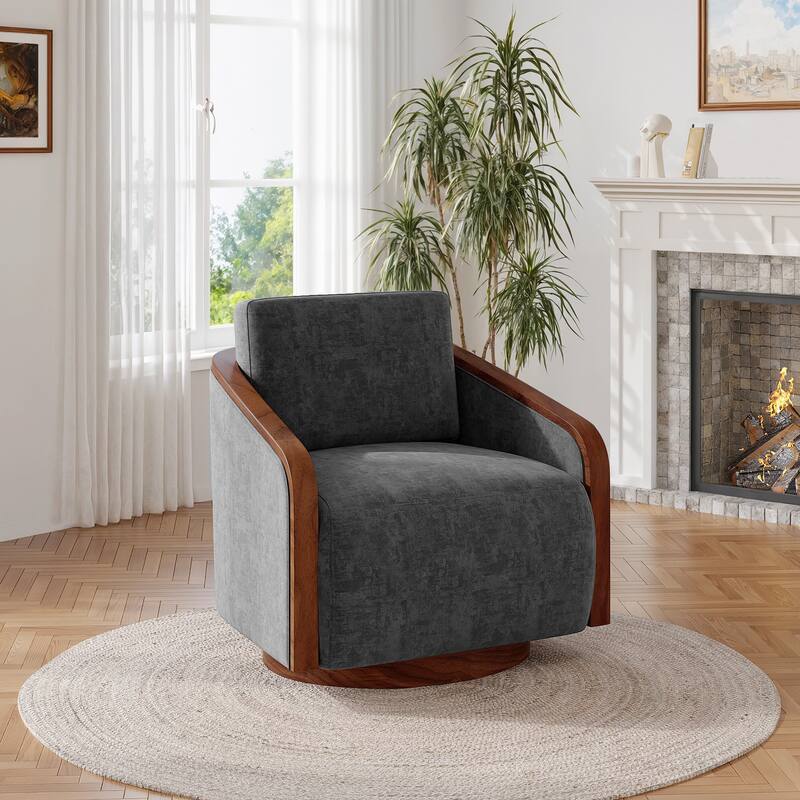 Upholstered Swivel Barrel Chair with Curved Wood Arms