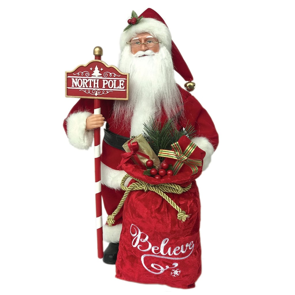 16" Traditional Santa Claus with "North Pole" Sign Christmas Figurine