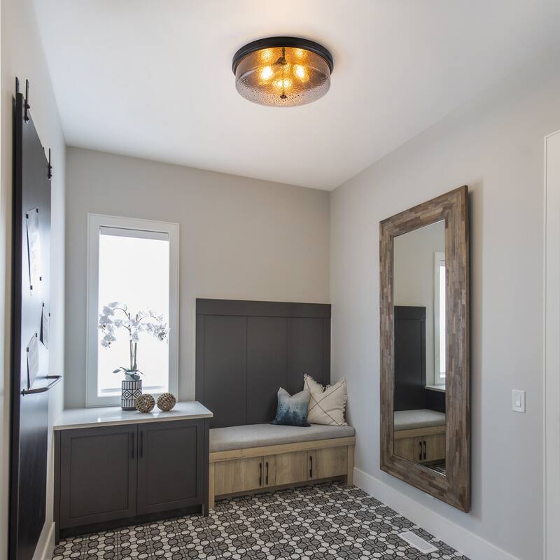 Modern 3-Light Seeded Glass Drum Flush Mount Ceiling Light