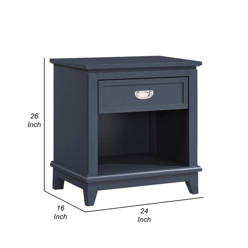 Sely Nightstand, 1 Drawer w Open Cubby, Navy Blue Wood, Ring Handle