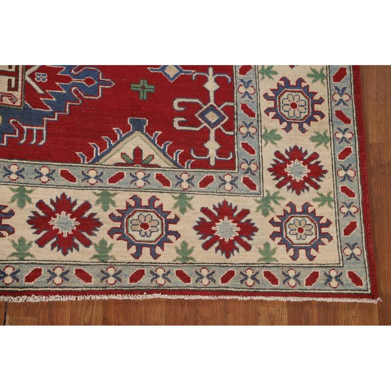 Red Geometric Kazak Area Rug Hand-Knotted Wool Carpet - 6'9" x 9'8"