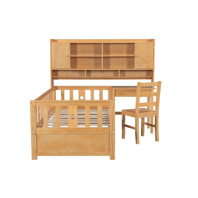 Twin Size Multifunctional Wood Platform Bed with Bookshelf,Built-in Desk and Matching Chair