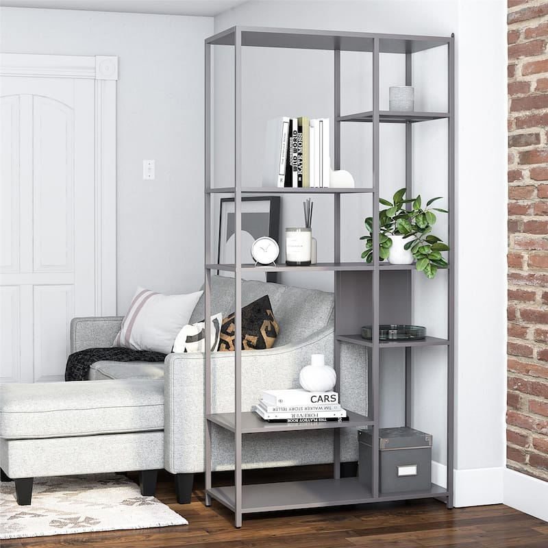 Roomfitters Mission District Metal Bookcase Room Divider with 6 Variating Shelves, Modern Gray