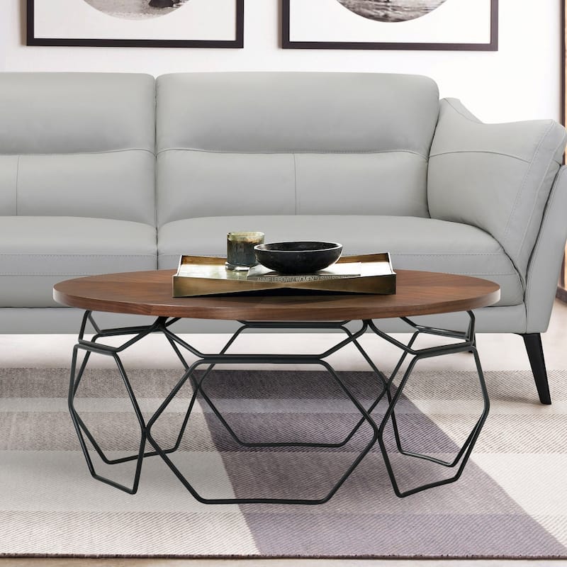 HomeRoots 36" Brown And Black Solid Wood And Metal Round Coffee Table - 36