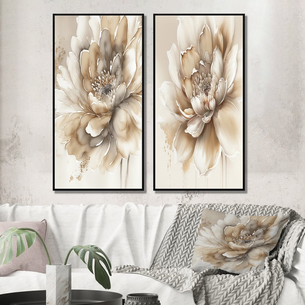 Designart "Single Beige Flower" Floral Framed Wall Art Set Of 2 - Beige Canvas Set For Living Room Decor
