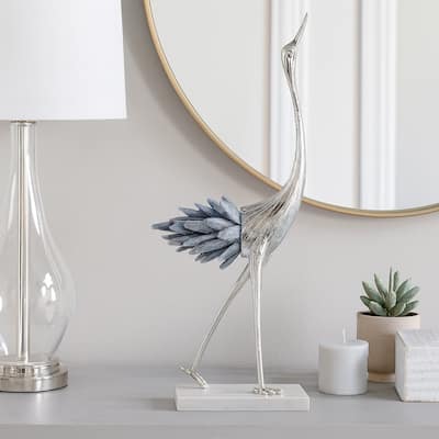 Abstract Metal and Stone Crane Sculpture Crystal Accent on Sturdy Base - 5.25" x 3.25" x 13.75"
