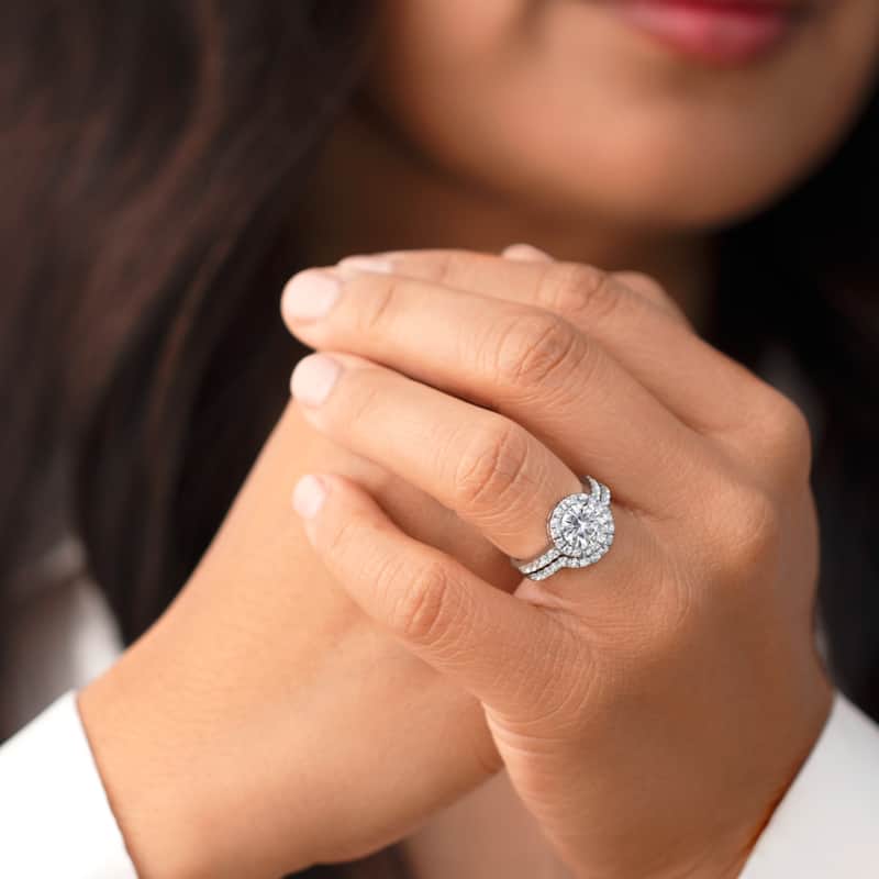 1.5 ct Moissanite Halo Engagement Ring Wedding Band Bridal Set in Sterling Silver