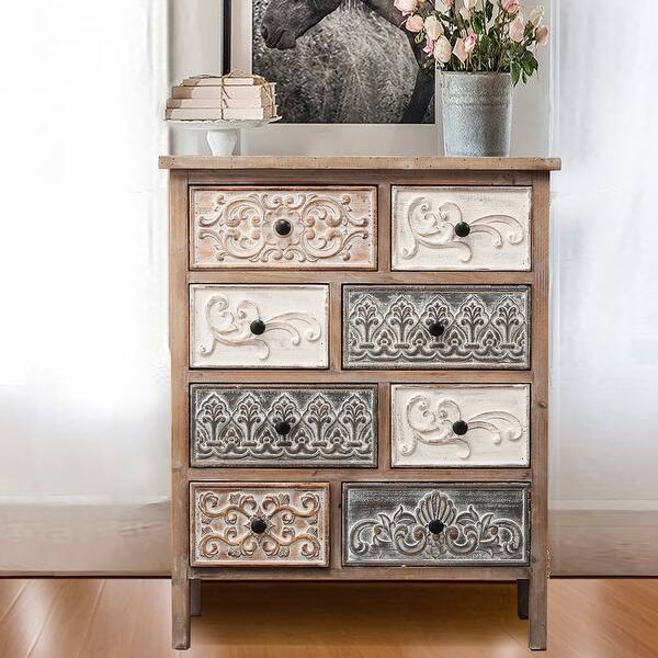 The Curated Nomad Brewa Varied Rustic Carved Wood 8Drawer Chest 32.