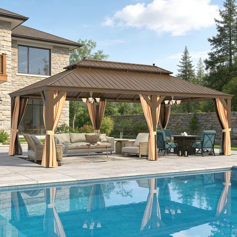 Outdoor Hardtop Gazebo with Galvanized Steel Double Roof & Aluminum Frame, Outdoor pergola with Premium Curtains and Nettings - 14'x22' - Aluminum Frame