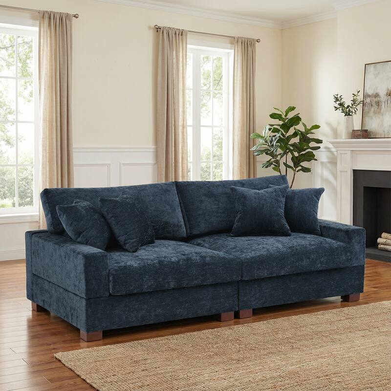 2 Set Chenille Upholstered Modular Sectional Sofa Chaise with Pillows - Blue-2 Sofa - Symmetrical