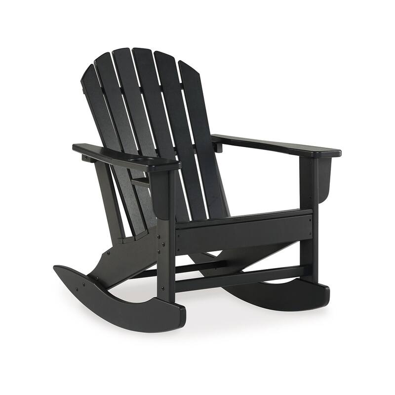 Sami 35 Inch Outdoor Rocking Chair, Slatted Design, Modern Black Finish