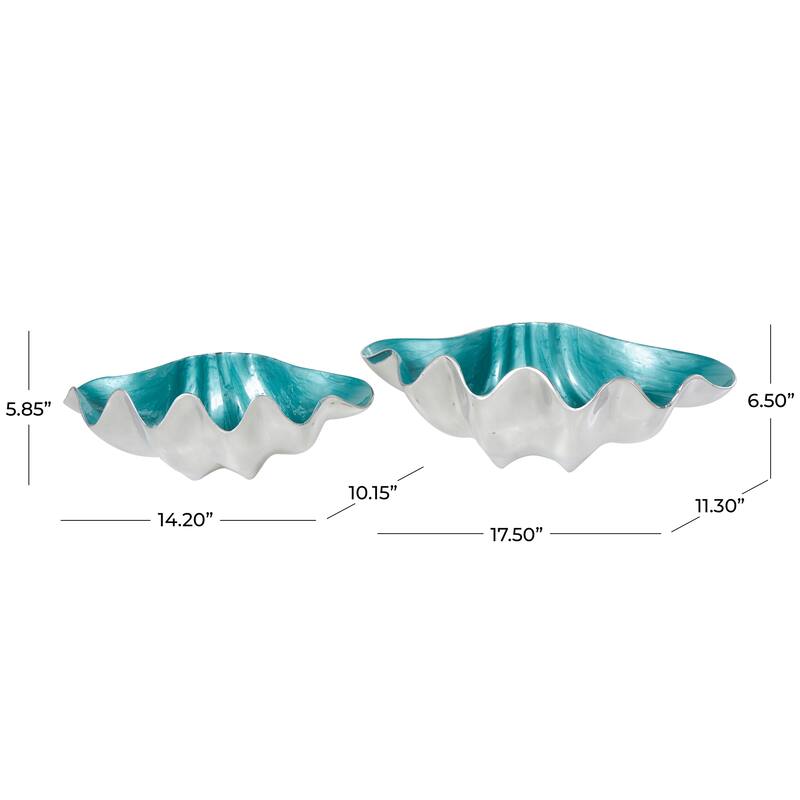Blue or White Aluminum Enameled Shell Decorative Bowl with Silver Metal Exterior (Set of 2)