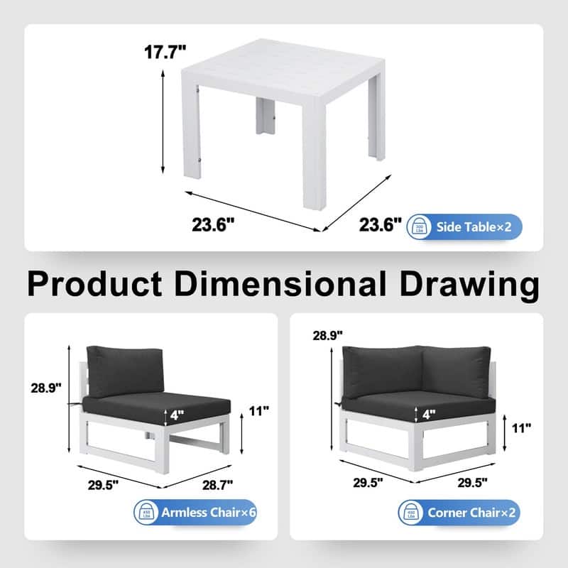 FINCATI White Aluminum Modern Patio Furniture Sectional Sofa Set with Cushion