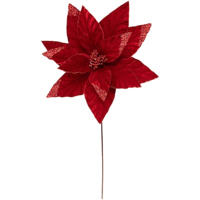 24" Red Velvet Glittered Poinsettia Christmas Floral Pick - 24