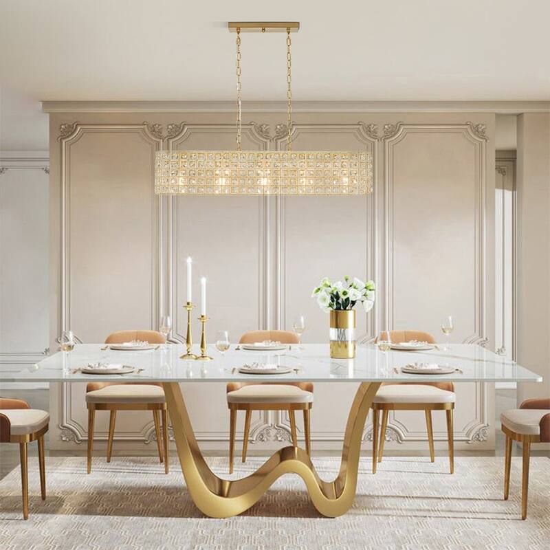 Gorgeous 5-Light Sparkling Crystal Grid Linear Chandelier - 41.7 in - Brushed Brass - Oval Shaped