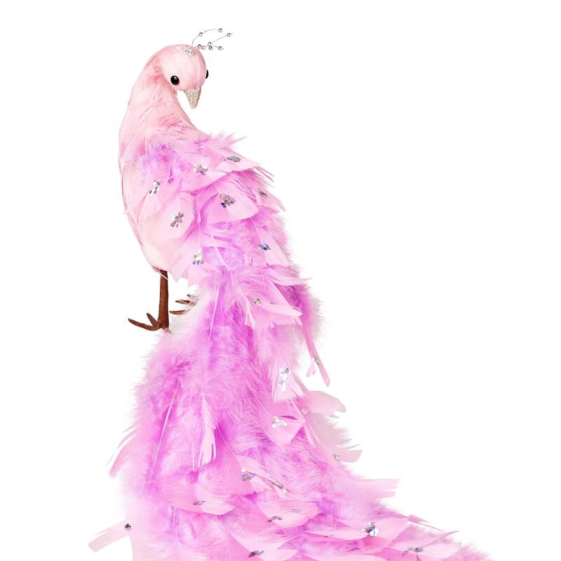 Glittered and Jeweled Peacock Christmas Decoration with Mini Faux Pearls - 22" - Pink
