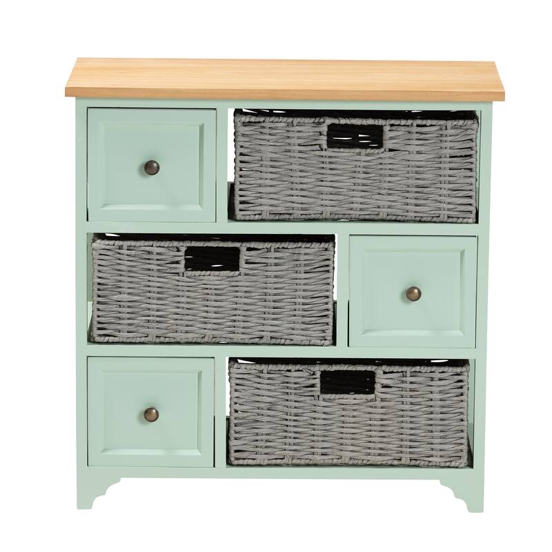 Valtina Modern and Contemporary Two-Tone Oak Brown and Mint Green Finished Wood 3-Drawer Storage Unit with Baskets