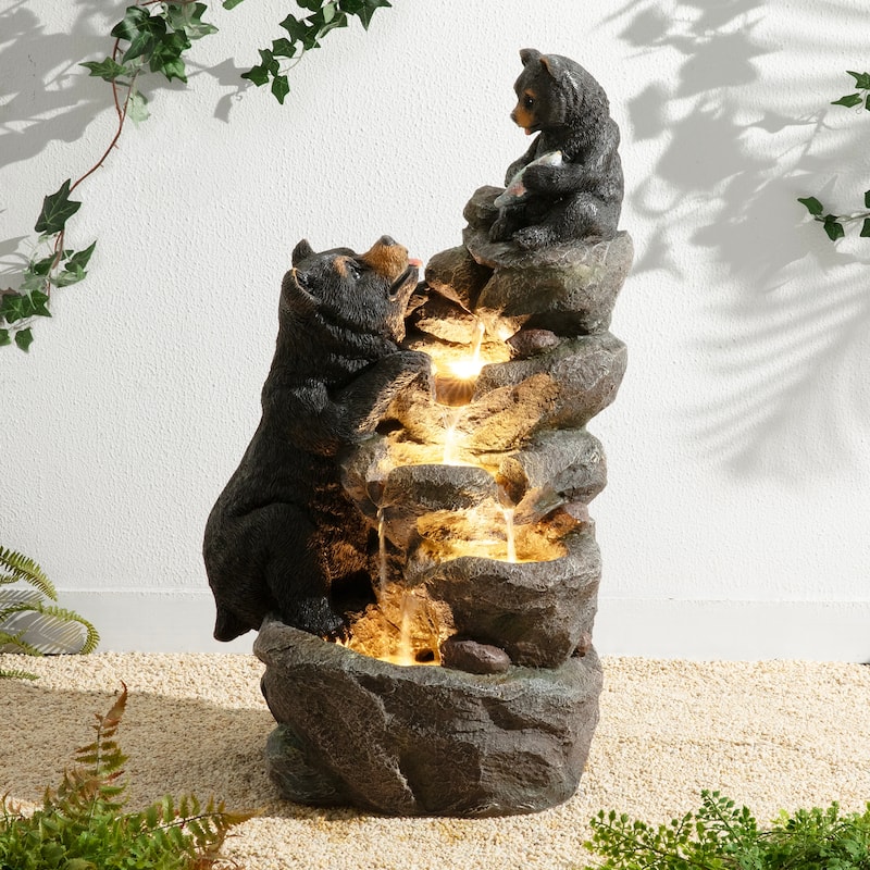 Glitzhome 30.5"H 4-Tiered LED Lighted Mom & Baby Bear Polyresin Outdoor Floor Fountain