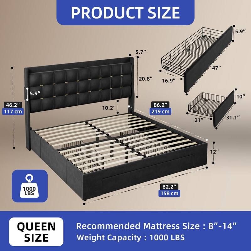 Moasis Queen/King Size Velvet Upholstered Bed with Charging Station and Storage Drawers - Black - Queen
