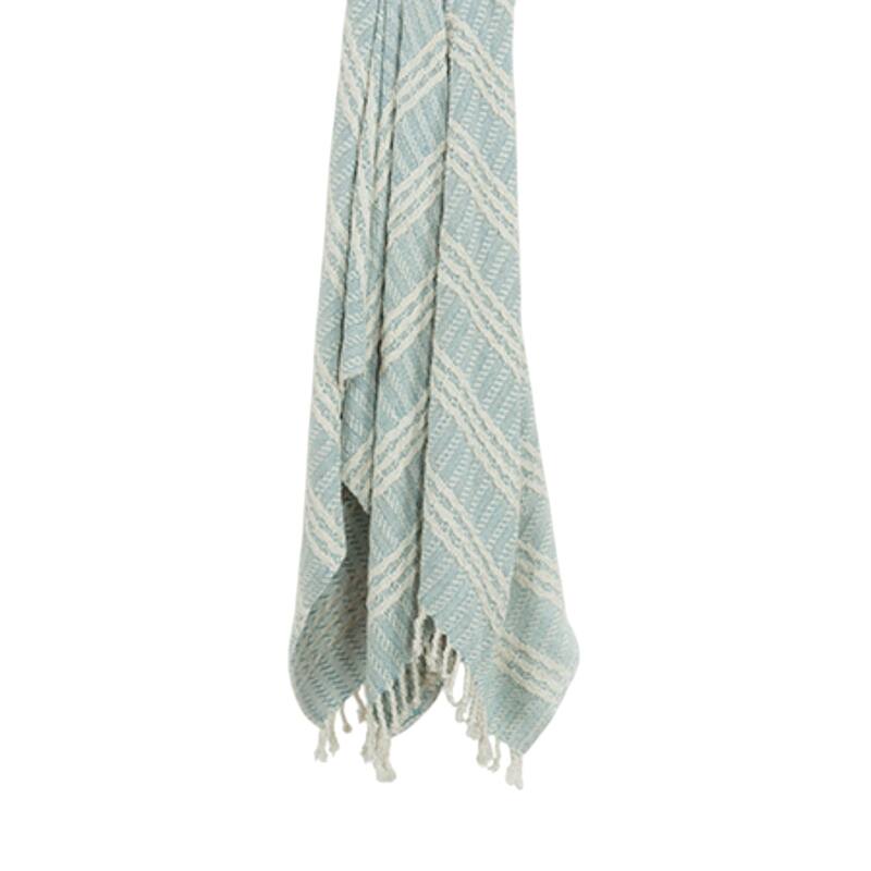 HomeRoots 50" X 60" Light Blue And Ivory Striped Cotton Throw Blanket with Fringe