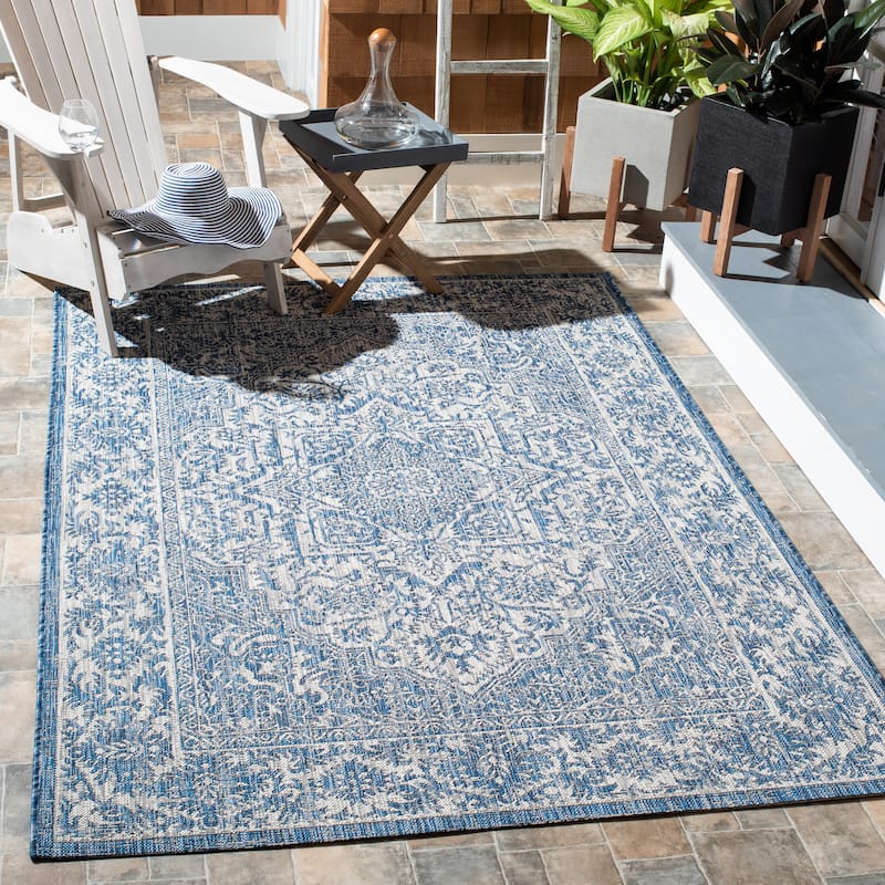 SAFAVIEH Courtyard Guylaine Indoor/ Outdoor Waterproof Patio Backyard Rug - 6'7" x 9'6" - Navy/Light Grey