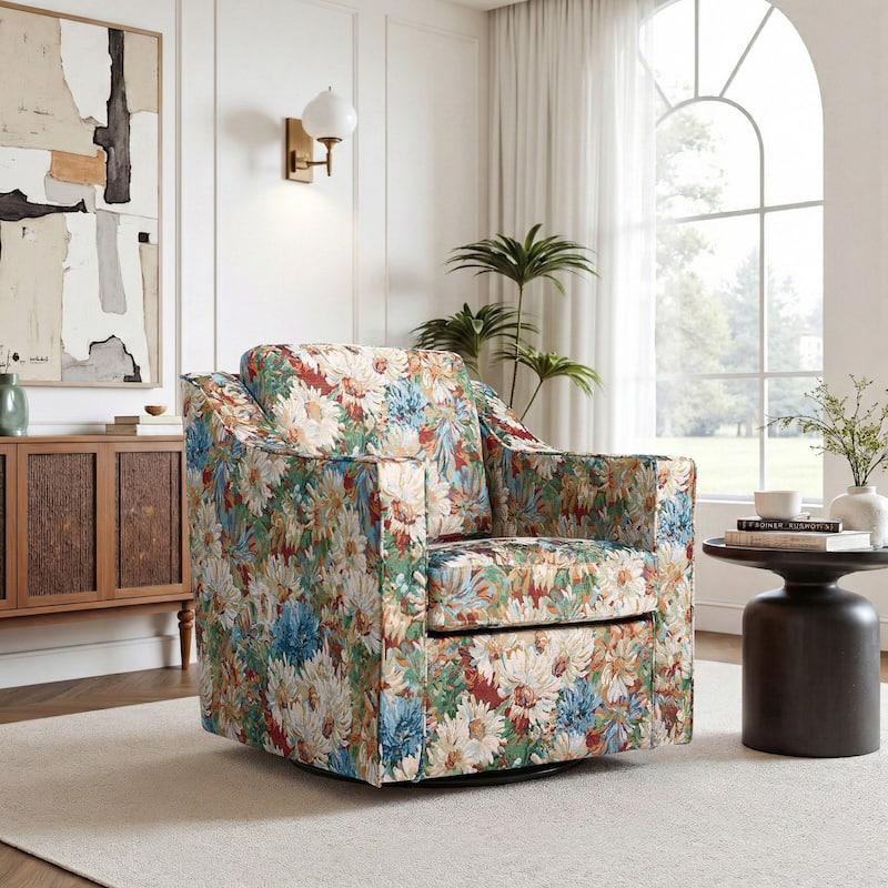 Patterned Linen Swivel Armchair Floral Accent Chair for Living Room - Orange Blooms